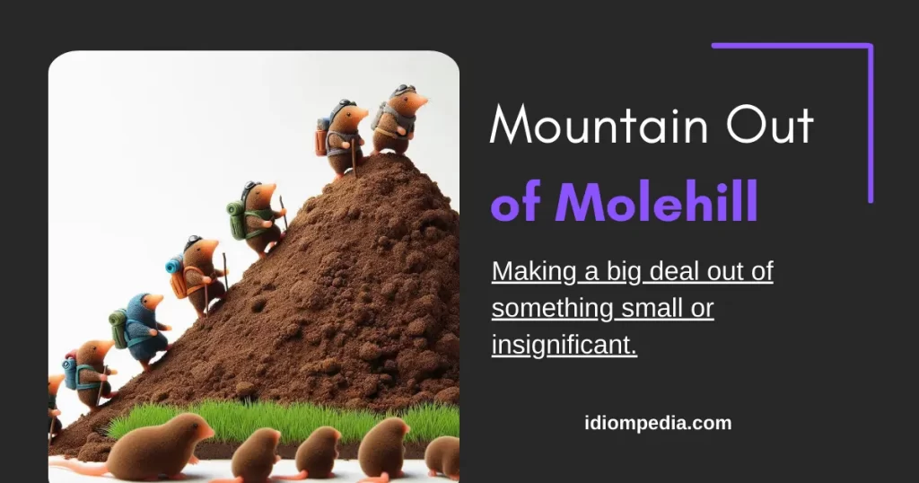 mountain out of mole hill idiom illustration where moles are climbing on molehills