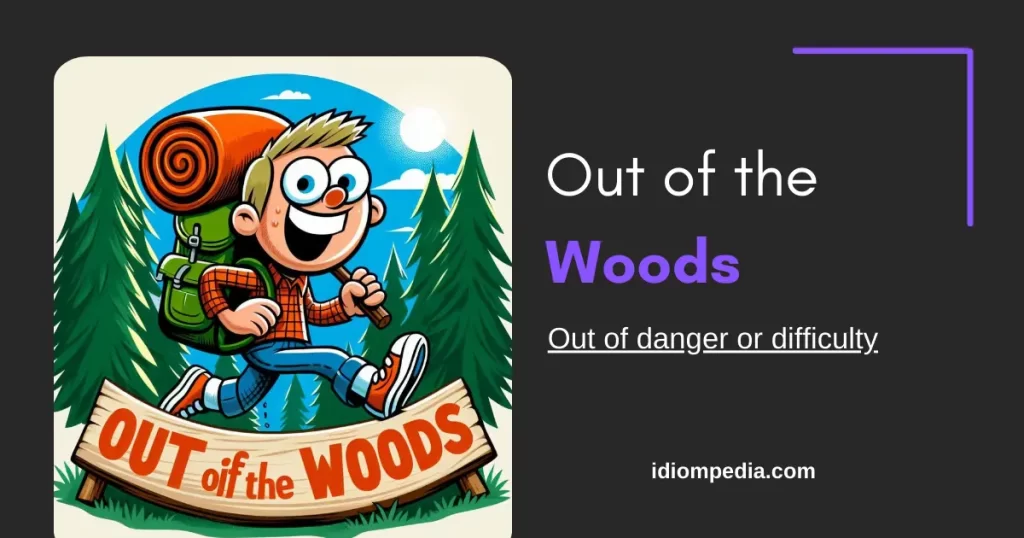 out of the woods idiom illustration where boy seems happy coming out of dense forest safely