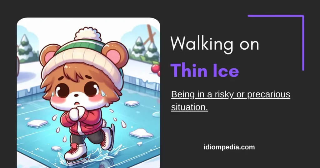 walking on thin ice idiom illustration where small girl is skating on thin ice and seems worried